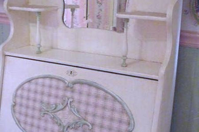Antique Oak Larkins Desk after paint and wallpaper