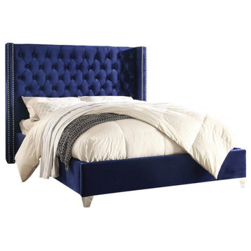 Elegant Platform Bed, Velvet Fabric With Button Tufting & Nailhead, Navy, Full