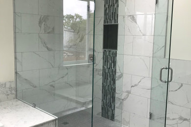 Inspiration for a large contemporary master bathroom remodel in Seattle with a hinged shower door
