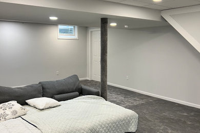 Example of a large trendy carpeted and gray floor basement design in Other with gray walls