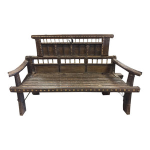 Mogul Interior - Consigned, Antique Cart Carved Iron Brass Patina Haveli Rustic Bench Teak Sofa - Indoor Benches