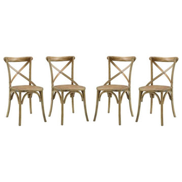 Modway Gear 18.5" Elm Wood and Rattan Dining Side Chair in Natural (Set of 4)