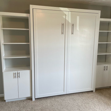 Custom Built Vertical Queen Size Murphy Bed with Side Shelving & Cabinetry