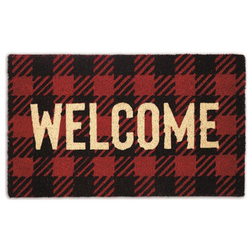 DII 30x18" Modern Coir Fabric Buffalo Check Welcome Doormat in Red and Beige