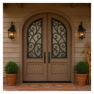Custom Tuscan Arched Double Entry Door with Wrought Iron Detail ...