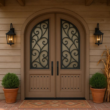 Custom Tuscan Arched Double Entry Door with Wrought Iron Detail