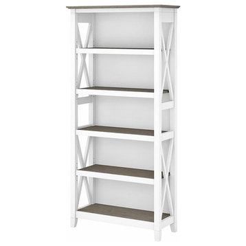 Bowery Hill 5 Shelves Coastal Wood Tall Bookcase in Shiplap Gray/White