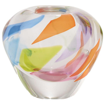 MidCentury Modern Colorful Art Glass Vase Bright Geometric Orange Blue Fat