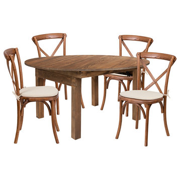 Hercules Series 5-Foot Round Pine Folding Farm Table With 4 Chairs and Cushions