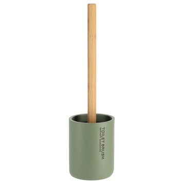 Chic Matte Green Toilet Brush Holder Set With Natural Bamboo Handle Polyresin