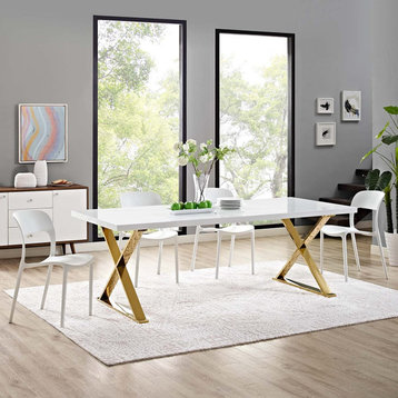 Contemporary Dining Table, X Shaped Legs With Rectangular Top, White/Gold
