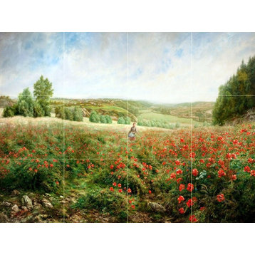 Tile Mural, Landscape Field of Poppies Marble Matte
