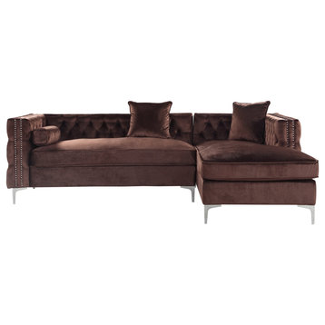 L-Shaped Sofa, Button Tufted Velvet Seat With Nailhead Trim, Brown, Right Facing