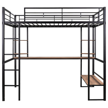 Gewnee Full Size Loft Metal&MDF Bed with Long Desk and Shelves in Black