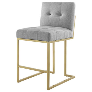 Counter Stool Chair, Fabric, Metal, Gold Gray, Modern, Bar Pub Cafe Bistro