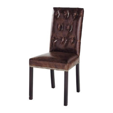 Sedia marrone imbottita in cuoio e legno Elizabeth