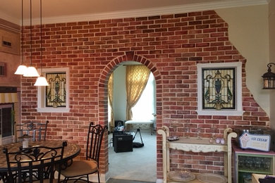Decorative hand painted brick wall and bathroom stripes