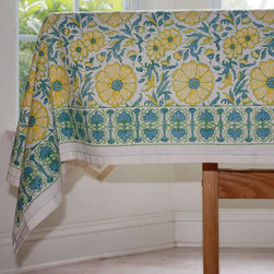 Sustainable Threads (L) - Yellow Floral Blockprint Cotton Tablecloth 90 by 60 - Sustainable Threads (L) - Tablecloths