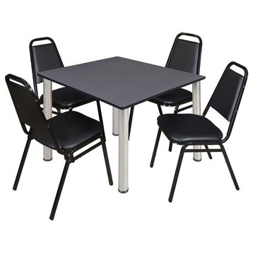 Kee 48" Square Breakroom Table, Gray, Chrome, 4 Restaurant Stack Chairs, Black