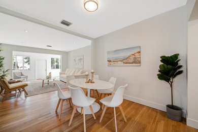 Inspiration for a mid-sized contemporary dining room remodel in Miami with white walls and no fireplace