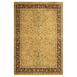 Bareens Designer Rugs - Antique Vegetable Dyed Alycia Gold/Aubergine Wool Rug - 9'1'' x 11'9'' - Designed with mesmerizing intricacy and gorgeous color palette, this hand-knotted masterpiece demonstrates the beauty and electrifying thrill of Pak Persian art. These meticulously hand-knotted Pak-Persian rug is made with pure wool and features breathtaking traditional, transitional, and tribal designs in bold luxurious color pallets. Known for their intricate designs these rugs are a reproduction of Persian rugs, made in Pakistan with unique Mughal designs. Made by master weavers using the same Persian texture, design and dying technique, we wanted to produce the most significant manifestation of Persian art, life, and culture. This rug is most famous for its exceptional quality, incredible designs, patterns, and vibrant rich color. Pak-Persian rugs made with Persian weave with high knot counts, which enables the high intricacy and detail found in the patterns are also referred to as "State of art", each color adds a rich beautiful detail in the artwork of this rug. The design, color, and beautiful chromatic composition with a vibrant sheen with intricate designs, exude beauty, elegance, and quality make this rug a masterpiece of its own.