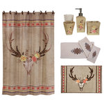 Paseo Road by HiEnd Accents - Desert Skull 20 Piece Lifestyle Bath Collection - Update your bathroom with a fun bohemian feel with the Desert Skull 20 Piece Bath Collection.  Collection includes: (1) Desert Skull Shower Curtain, (12) Fabric Covered Shower Curtain Rings, (3) Piece Embroidered Bath Towel Set, (3) Piece Rose Floral Bath Accessory Set, (1) Desert Skull Bath Rug.  Measurements: Shower Curtain: 72"x72", Soap/Lotion Dispenser: 8"Hx3", Toothbrush Holder 4"Hx4"Lx1.5"W, Tumbler: 6"Hx3"Dia;  Towel Set:  Bath Towel 27"x 52", Hand Towel 16"x 32" and Fingertip towel 13"x 14"; Rug: 24"x36".  Materials: Shower Curtain: 100% Polyester; Towel Set:  95% cotton/5% polyester; Bath Accessory Set: Resin/Glass; Bath Rug: 100% acrylic, latex backing. Care: Shower Curtain: Dry Clean; Towel Set and Rug: Machine Wash; Bath Accessory Set: Wipe Clean. Imported.  Items featured in our collections can be purchased separately.