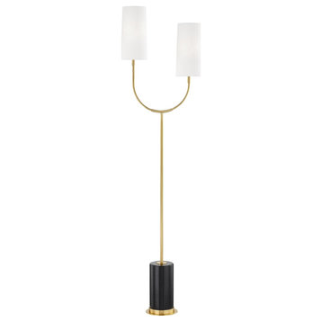 Vesper 2 Light Floor Lamp, Aged Brass/Black Finish, White Linen Shade