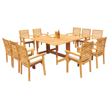 11-Piece Outdoor Teak Set: 60" Square Butterfly Table, 10 Hari Stacking Chairs
