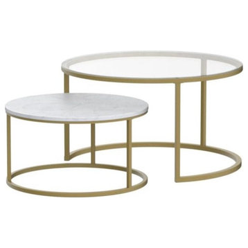 2 Pack Nest Coffee Table, Iron Base & Round Top, White/Gold/Clear Glass