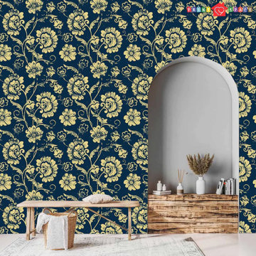Navy Blue Beige Boho Wallpaper