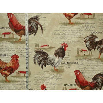 Rooster Fabric Retro European Country Chickens Document Print, Standard Cut