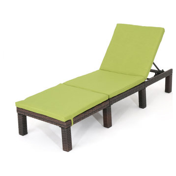 GDF Studio Joyce Outdoor Wicker Chaise Lounge With Cushion, Green, Single
