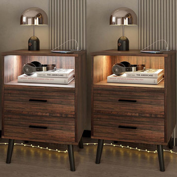 Nightstand Set of 2 with Charging Station, LED Nightstands with Open Shelf, Rust