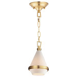 Maxim - Giza One Light Mini Pendant - A glossy White glass shade conical in form is combined with sharp-lined bands of metal finished in your choice of Polished Nickel or Satin Brass to create a pyramid of softly diffused light. Squared off trapezoidal chain loops connect to squared chain links allowing for over ten feet of adjustment. Though modern with its angular form this pendant applies traditional metalwork details to create a timeless piece perfect for over a kitchen island or bedside.