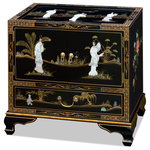China Furniture and Arts - Black Lacquer Mother of Pearl Oriental Accent Cabinet - Magnificent and rich in black lacquer finish, hand painted gold accents decorate the entire cabinet. In addition, mother of pearl maidens adorn the front doors and top. One drawer and a two door cabinet provide ample storage space. It is perfect for the living room as an end table or in the bedroom as a nightstand. (Assembled.)