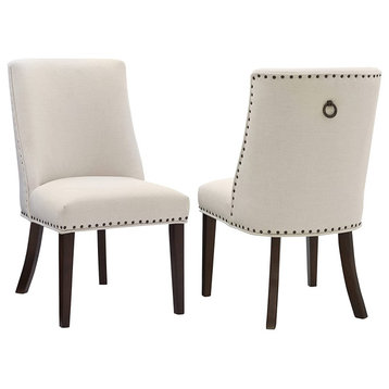 Set of 2 Dining Chair, Natural Polyester Seat With Curved Back & Nailhead Accent