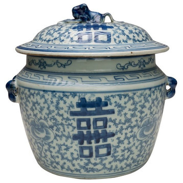 Blue and White Porcelain Double Happiness Rice Jar with Lid 9" Tall