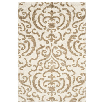 Contemporary Area Rug, Shaggy Damask Design With Cream and Beige Tones