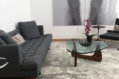 Inspiration for a mid-sized contemporary medium tone wood floor living room remodel in Toronto with white walls