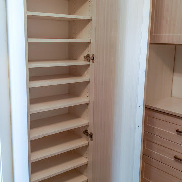 Custom master closet with full length mirror cabinet & matte gold hardware!