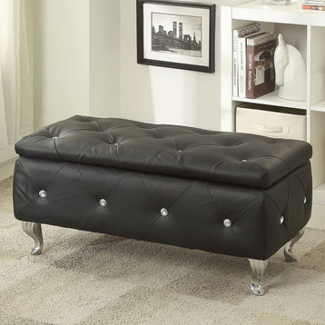 Modern Storage Bench, Bonded Leather Seat With Crystal Like Accents, Midnight
