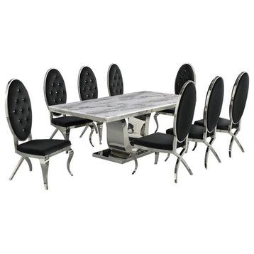 Silver Stainless Steel 9 Piece Dining Set with Marble Table and Black Chairs