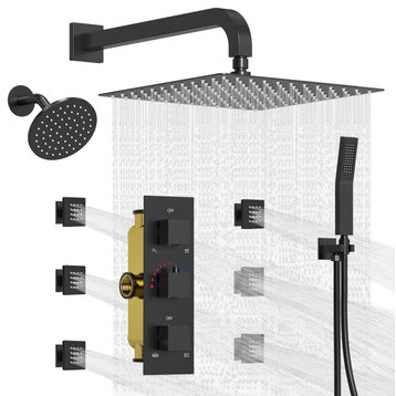 Dual Heads 12"Rain Shower Faucet & 6" Shower System with Body Sprays, Matte Black