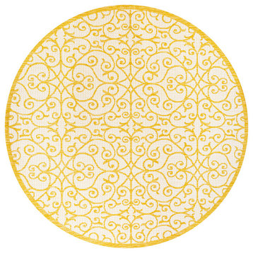 Madrid Vintage Filigree Textured Weave Indoor/Outdoor, Cream/Yellow, 5' Round