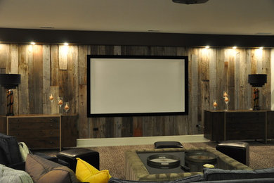 Home theater - rustic home theater idea in Chicago