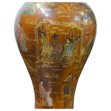 Chinoiseries Golden Graphic Brown Lacquer Vase Jar Shape Display Hws3351