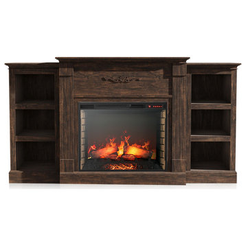 Freestanding Electric Fireplace Bookshelves with 28" Fireplace, Brown