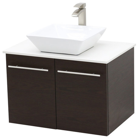 30" Wall Mount Vanity, White Stone Countertop, Dark Brown