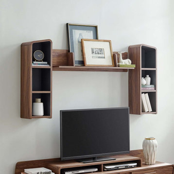 Modern Lounge Lobby Wall Bookcase Shelf Rack, Wood, Natural Walnut Gray Grey