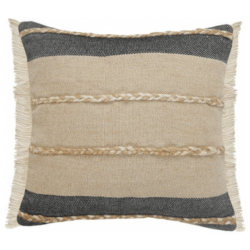 24" X 24" Black Tan And Taupe Jute Striped Zippered Pillow